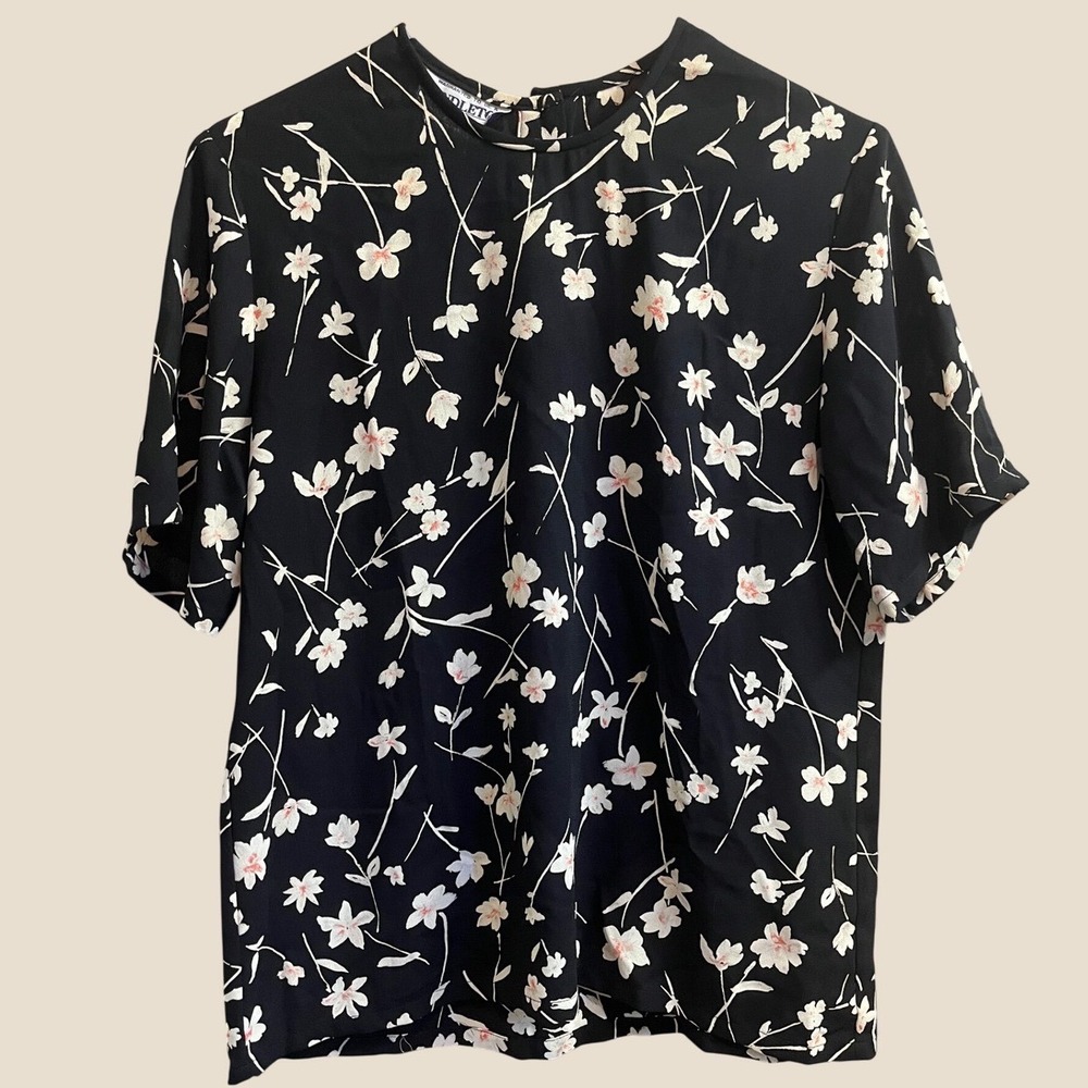 Pendleton Floral Blouse Womens 6 Black Vintage Short Sleeve Crew Neck Top